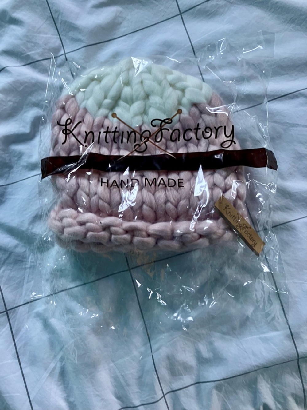 Hand Made Chunky Two-Tone Beanie - Pink & White